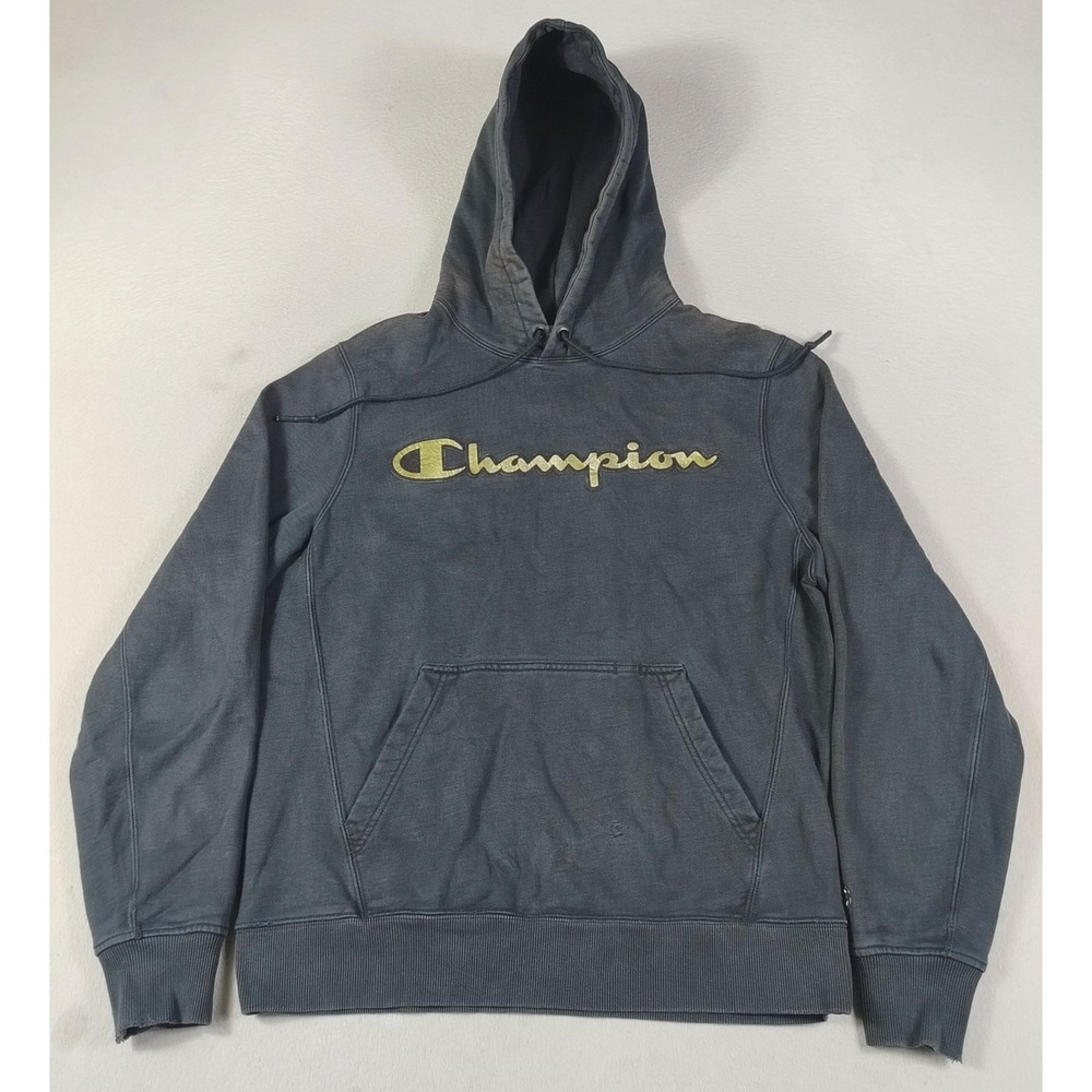 Champion Hoodie Sweatshirt Mens Medium Black Pullover Fleece Gold Script Logo